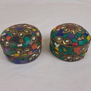 Set of 2  Round Trinket Boxes Multicolor Stone Covered Removable Lids Handmade
